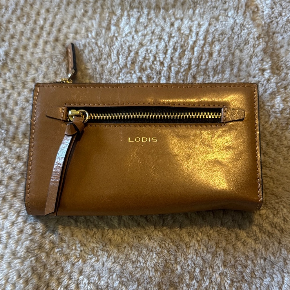 Lodis Tan Leather Wristlet with Zipper Detail